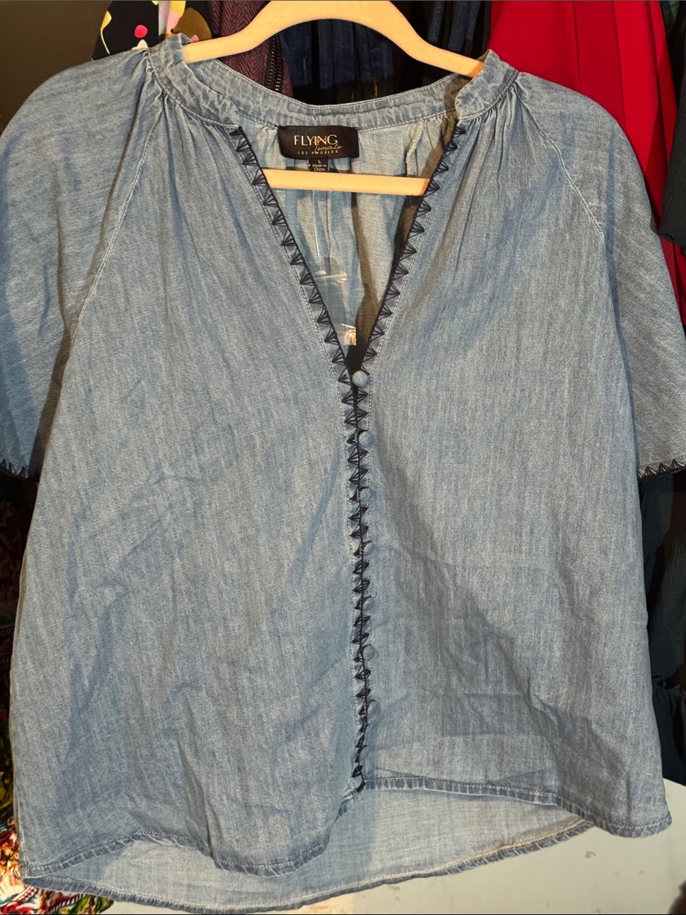Flying Tomato Light Blue Chambray V-Neck Short Sleeve top